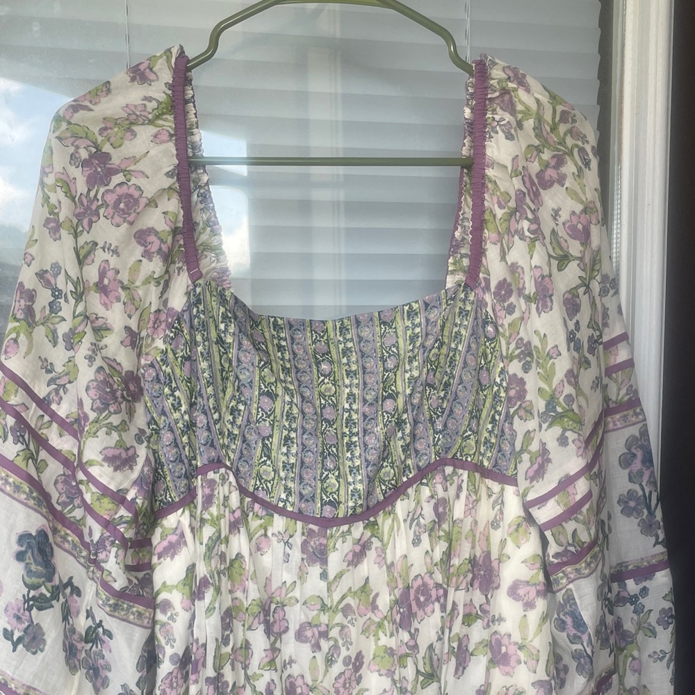 Floral Boho Peasant Dress in Lavender & Green - Picture 2 of 10